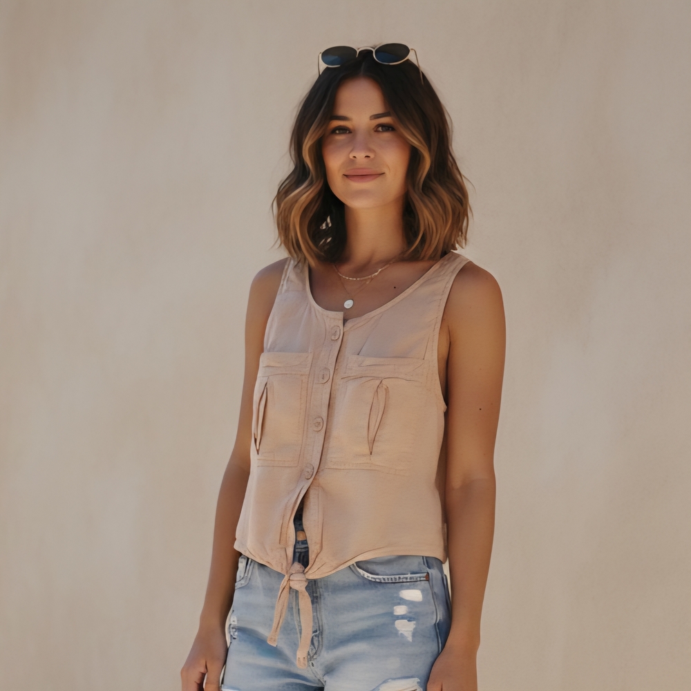 Free People Linen Blend Boho Utility Button Front Tie Hem Tank Top Peach XS